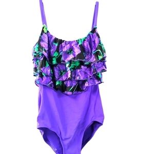 VINTAGE SIRENA PURPLE RUFFLE ONE PIECE FLORAL SIZE 12